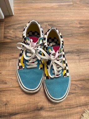 Vans womens Checkerboard Multicolor Suede & Canvas Sneakers - Teal/Yellow